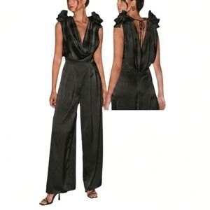 Satin Wide Leg Jumpsuit NWT Black Cowl Neck 3D-Floral Applique XS Fashion Nova
